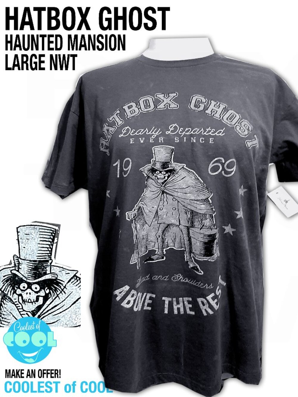 Disney Parks Haunted Mansion Hat Box Ghost Dearly Departed 1969 large Shirt NWT